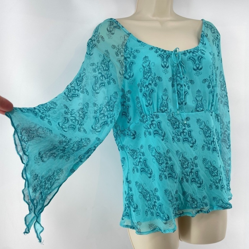 Y2K Women Top Sz *M/L Teal Silk‎ Fairy Whimsigoth Boho Babydoll Ethereal Sheer